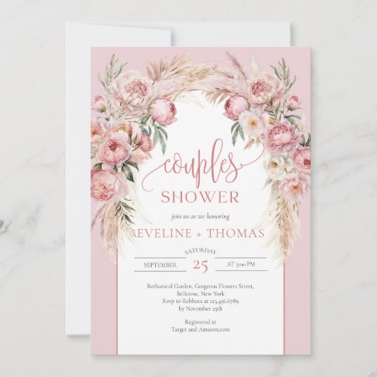Invitation Rose or fleurs pampas herbe boho couples douche (Devant)