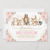 Invitation Rose or Floral Bois Animaux Fille Baby shower (Devant)