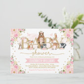 Invitation Rose or Floral Bois Animaux Fille Baby shower (Debout devant)