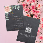 Invitation Rose or floral chalkboard QR RSVP mariage<br><div class="desc">Arrière - plan de tableau de bord. Décoré d'or rose et de fleurs roses rousses, de fleurs roses et de feuilles d'eucalyptus vert aquarellés, de sprigs, de verdure et d'une fausse feuille d'or. Personnalisez et ajoutez vos noms et détails. Texte blanc et doré. Retour : Ajoutez l'URL de votre site...</div>