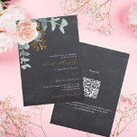 Invitation Rose or floral chalkboard QR RSVP mariage<br><div class="desc">Arrière - plan de tableau de bord. Décoré d'or rose et de fleurs roses rousses, de fleurs roses et de feuilles d'eucalyptus vert aquarellés, de sprigs, de verdure et d'une fausse feuille d'or. Personnalisez et ajoutez vos noms et détails. Texte blanc et doré. Retour : Ajoutez l'URL de votre site...</div>