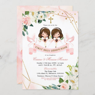 Invitation Rose & Or Floral Twin Girl First Holy Communion