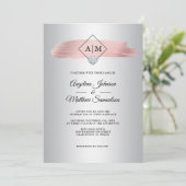 Invitation Rose or Foil Marbre Argent Marbre Monogram Mariage (Debout devant)