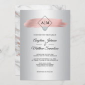 Invitation Rose or Foil Marbre Argent Marbre Monogram Mariage (Devant / Derrière)