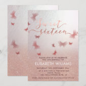 Invitation Rose or glittery ombre charmante papillon invit (Devant / Derrière)