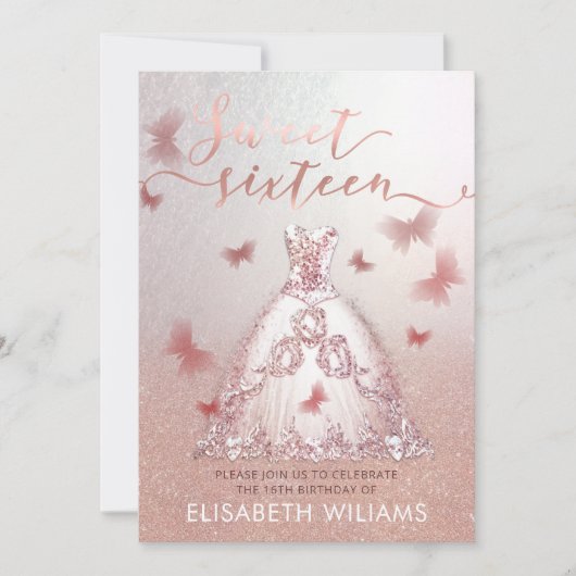 Invitation Rose or glittery ombre robe charmant papillon (Devant)