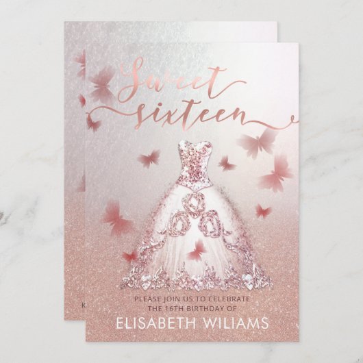 Invitation Rose or glittery ombre robe charmant papillon (Devant / Derrière)