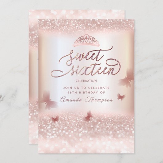 Invitation Rose or glittery papillon tiara calligraphie en (Devant / Derrière)