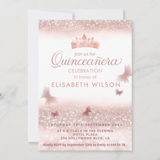 Invitation Rose or glittery tiara calligraphie Quinceañera (Devant)
