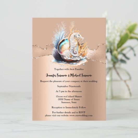 Invitation Rose or hippocampe chimmer iridescente coquille co (Debout devant)