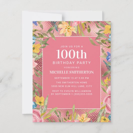 Invitation Rose or jaune bleu floral 100e anniversaire femmes (Devant)