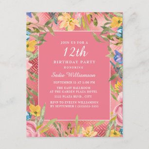 Invitation Rose or jaune bleu floral 12e anniversaire