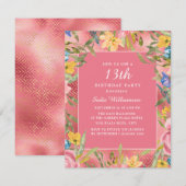 Invitation Rose or jaune bleu floral 13e anniversaire (Devant / Derrière)
