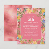 Invitation Rose or jaune bleu floral fille 5e anniversaire (Devant / Derrière)