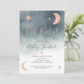 Invitation Rose or lune étoiles bleu baby shower d'aquarelle (Debout devant)