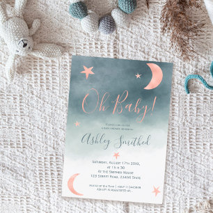Invitation Rose or lune étoiles bleu baby shower d'aquarelle