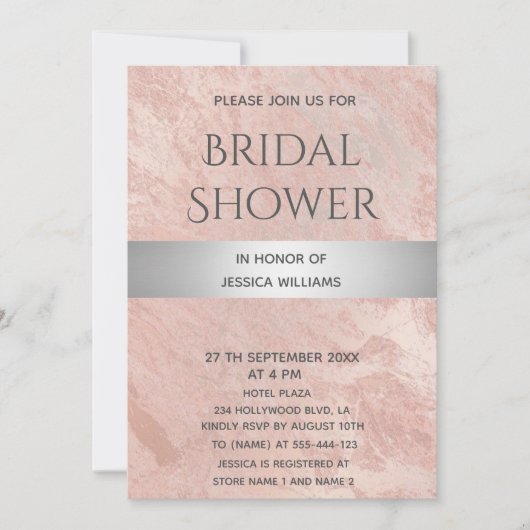 Invitation Rose or marbre argent rayé nuptiale douche (Devant)