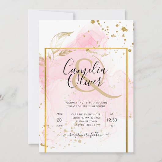 Invitation ROSE OR MARIAGE Encre d'alcool Abstraite (Devant)