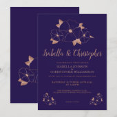 Invitation Rose or marine bleu floral moderne (Devant / Derrière)