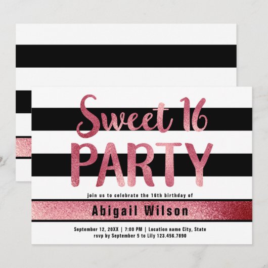 Invitation Rose or noir blanc sweet sixteen anniversaire (Devant / Derrière)