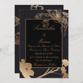 Invitation Rose or & noir & Bureaux Mariage à fleurs (Devant / Derrière)