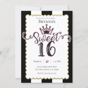 Invitation Rose Or Noir Douce Fête d'anniversaire 16 ans Rayé
