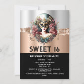 Invitation Rose or noir doux 16 filles mascarade masque (Devant)
