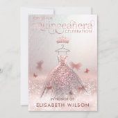 Invitation Rose or ombre papillon tiara Quinceañera Invit (Devant)
