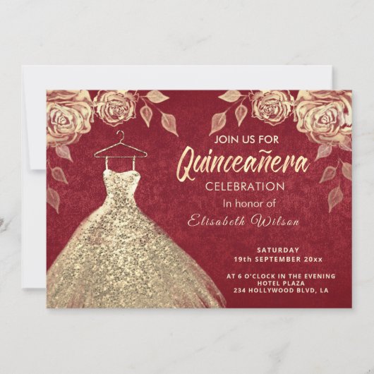 Invitation Rose or paillettes robe or Quinceañera rouge (Devant)