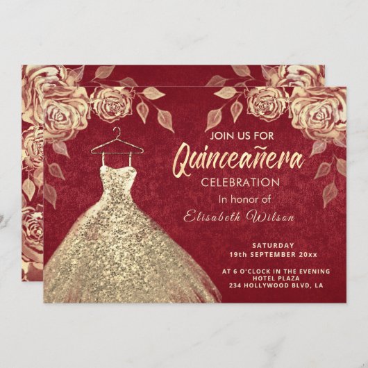 Invitation Rose or paillettes robe or Quinceañera rouge (Devant / Derrière)