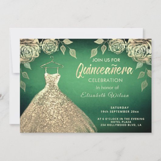 Invitation Rose or paillettes robe or Quinceañera vert (Devant)