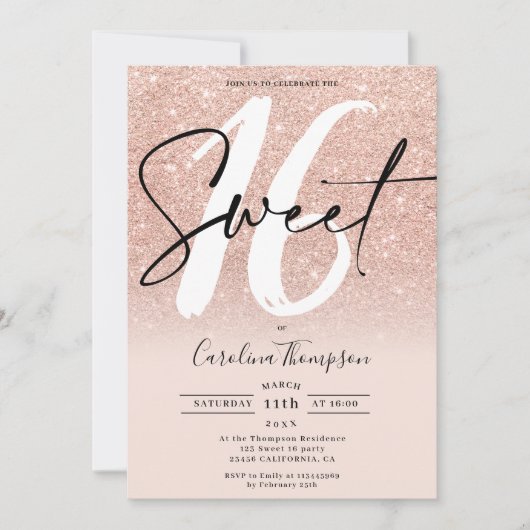 Invitation Rose or parties scintillant bordure script photo S (Devant)