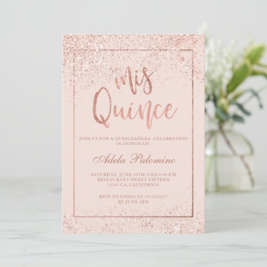 Invitation Rose or parties scintillant cadre script blush Qui (Debout devant)