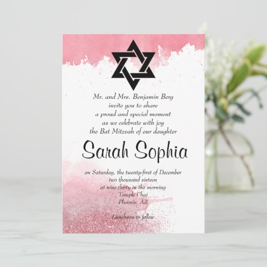 Invitation Rose or Parties scintillant d'aquarelle fille Bat (Debout devant)