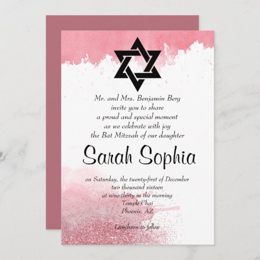 Invitation Rose or Parties scintillant d'aquarelle fille Bat (Devant / Derrière)