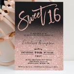 Invitation Rose or parties scintillant écriture chic noir Swe<br><div class="desc">Une parties scintillant d'or rose moderne,  chic et élégant à l'ombre douce 16 anniversaire de foil invitation avec une typographie moderne 16 avec feuille d'or rose et scintillant parties scintillant sur un arrière - plan noir modifiable. Ajoutez votre photo à l'arrière. Parfait pour le thème princesse Sweet 16!</div>