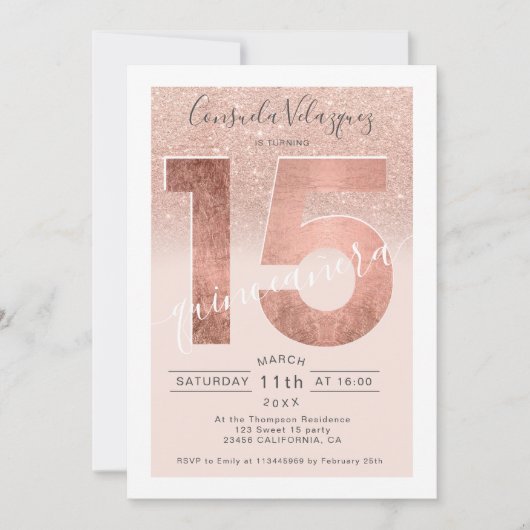 Invitation Rose or parties scintillant script blush quinceane (Devant)