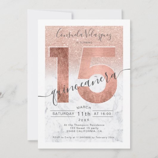 Invitation Rose or parties scintillant script marbre quincean (Devant)