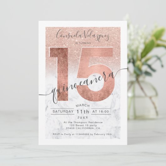 Invitation Rose or parties scintillant script marbre quincean (Debout devant)