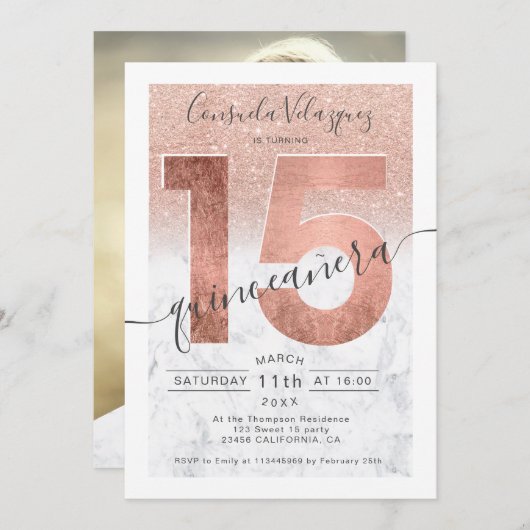 Invitation Rose or parties scintillant script marbre quincean (Devant / Derrière)