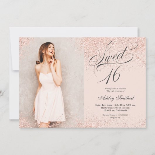 Invitation rose or parties scintillant script rose pâle photo (Devant)