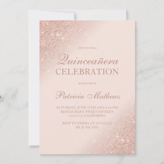 Invitation Rose or parties scintillant script rose pâle Quinc (Devant)