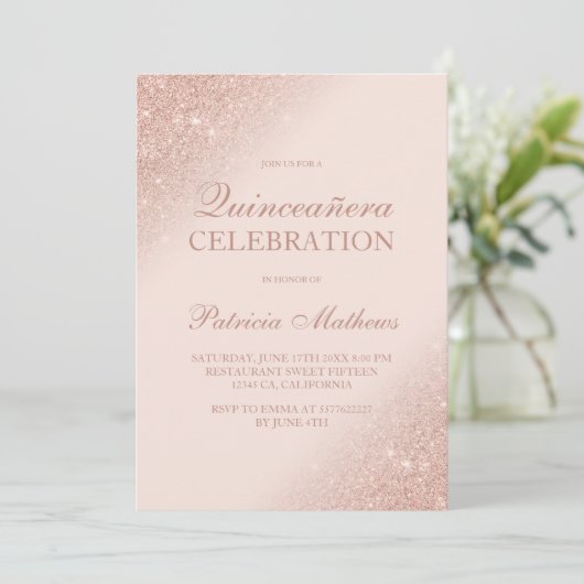Invitation Rose or parties scintillant script rose pâle Quinc (Debout devant)