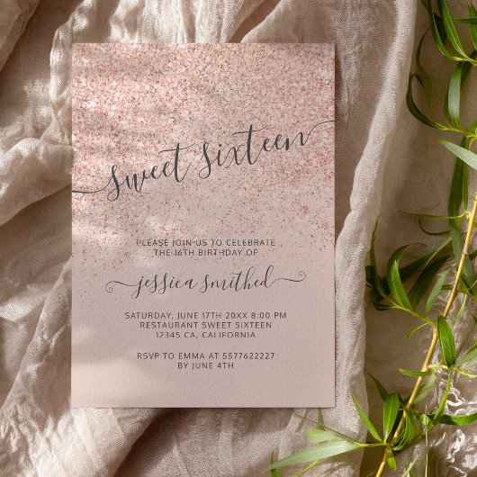 Invitation Rose or parties scintillant typographie rose pâle