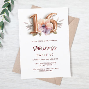 Invitation Rose or pêche floral Sweet 16