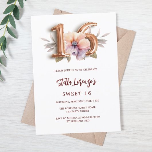 Invitation Rose or pêche floral Sweet 16