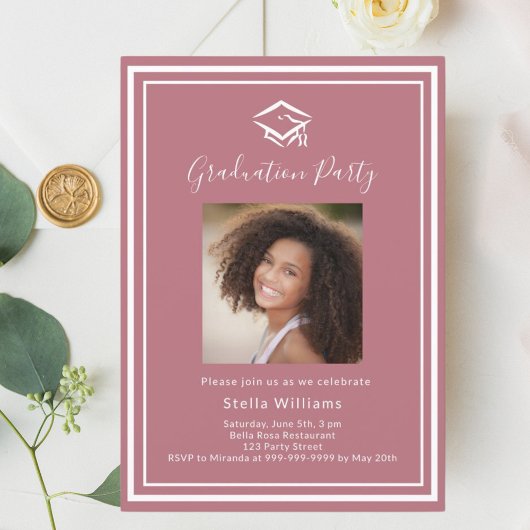 Invitation Rose or photo casquette Graduation Party
