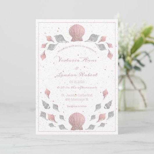 Invitation Rose Or rose argent Mariage Coquillages métallique (Debout devant)