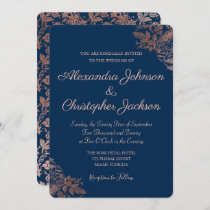 Invitation Rose or rose et bleu marine Floral Rose Mariage