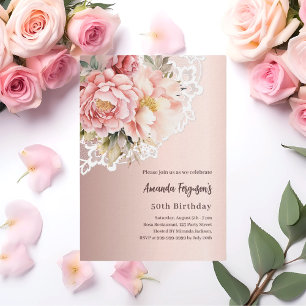 Invitation Rose or rose fleurs rose dentelle luxe 50e anniver